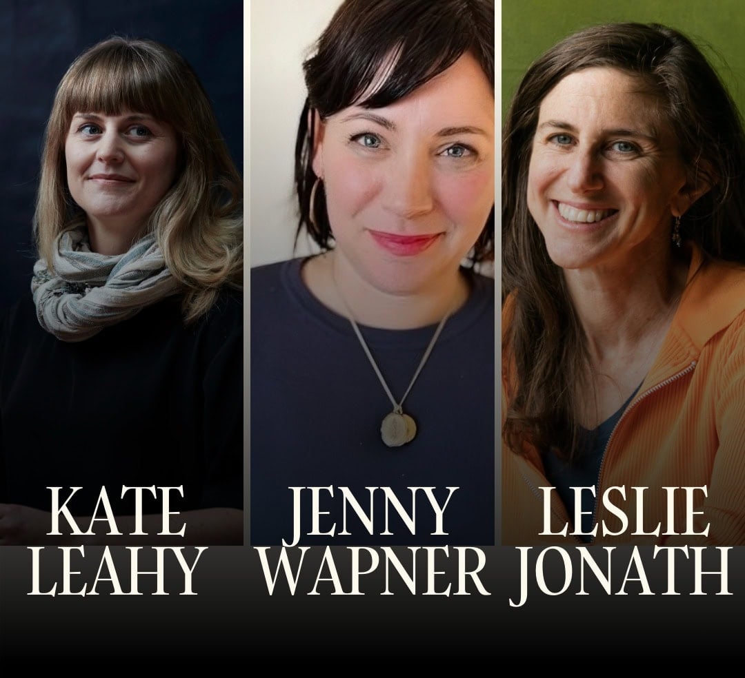 Three women—Kate Leahy, Jenny Wapner, and Leslie Jonath—are shown in individual portrait photos, with their names labeled below each image.