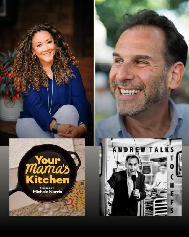 A woman smiling, a man smiling, the "Your Mama's Kitchen" podcast logo, and the "Andrew Talks to Chefs" podcast logo arranged in a grid.