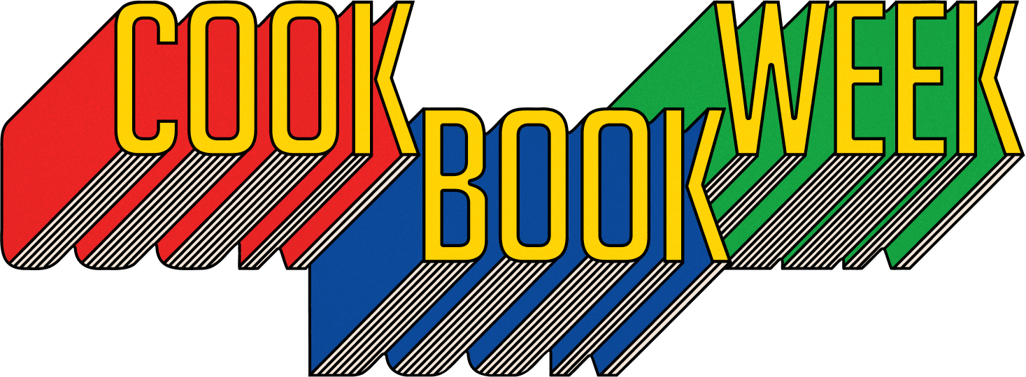 Text graphic with the words "COOK BOOK WEEK" in bold yellow letters, each word on a colored background: red for "COOK," blue for "BOOK," and green for "WEEK.