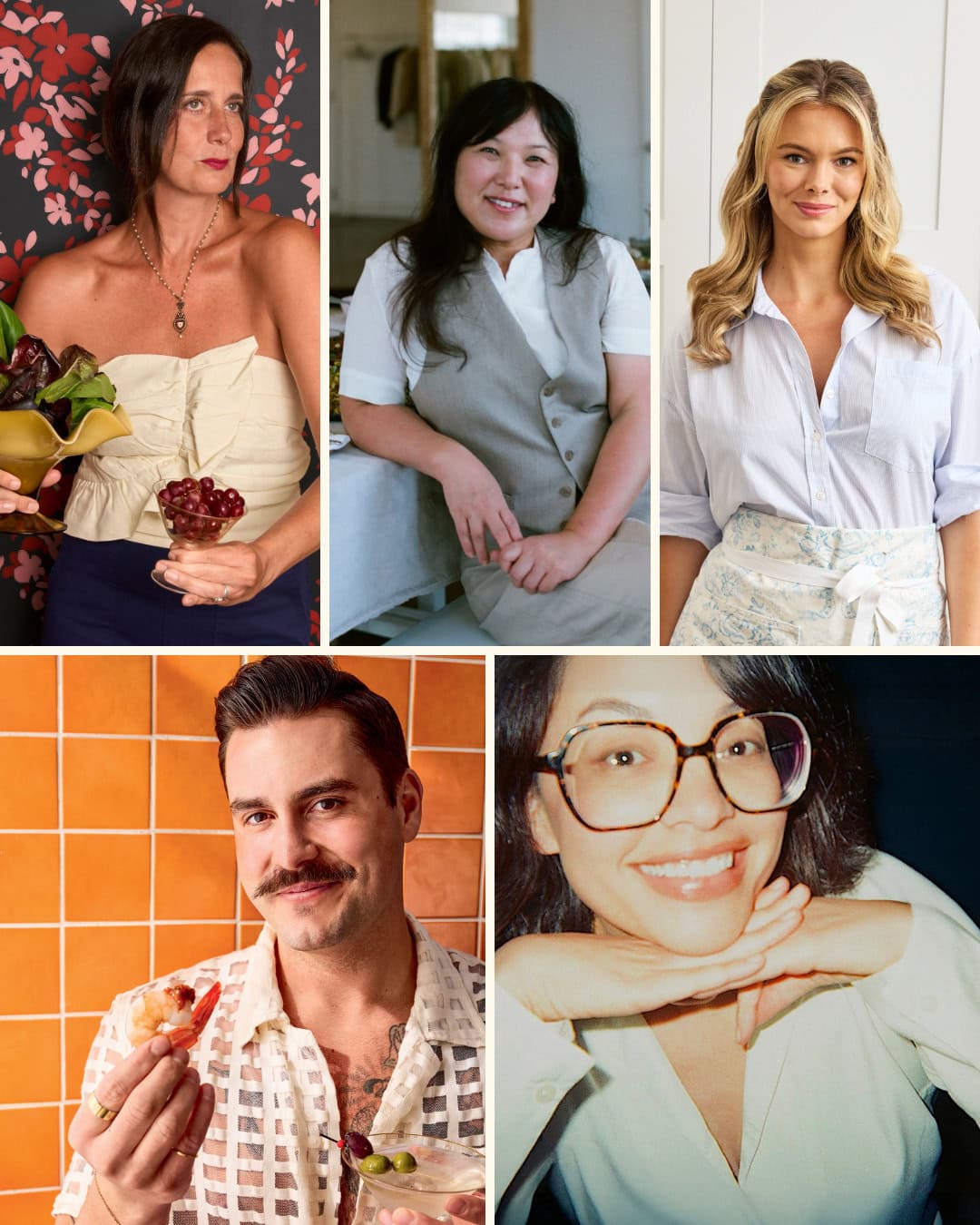 A collage of five people posing individually; three women in the top row and one man and one woman in the bottom row, each in different indoor settings.