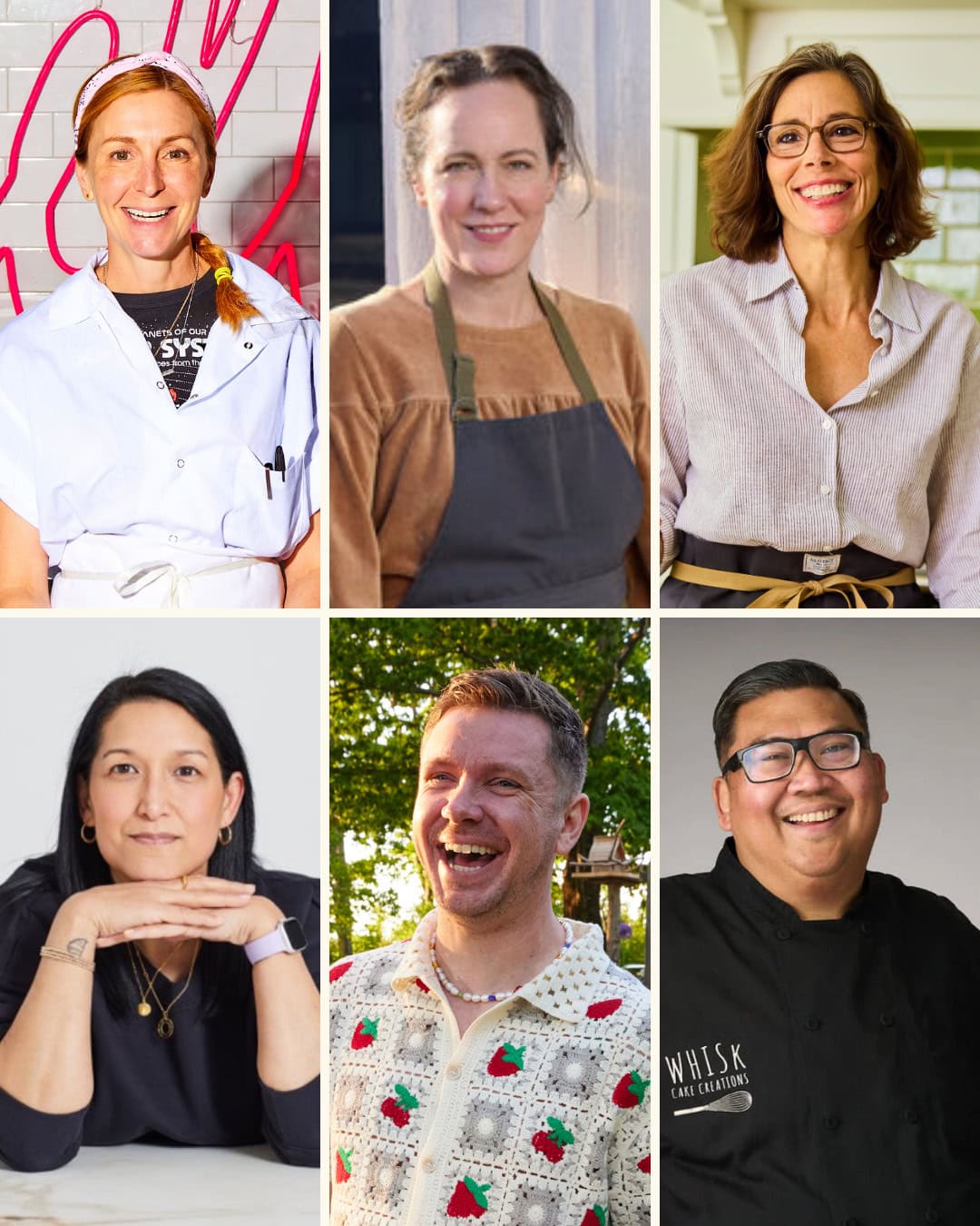 A collage of six chefs, three women in the top row and three people in the bottom row, all smiling and posing in various indoor and outdoor settings.