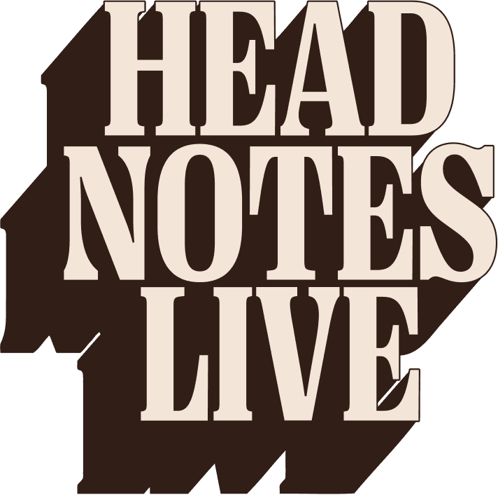 Bold beige text reads "HEAD NOTES LIVE" with a dark brown drop shadow behind each letter. The text is centered and stacked in three lines on a white background.