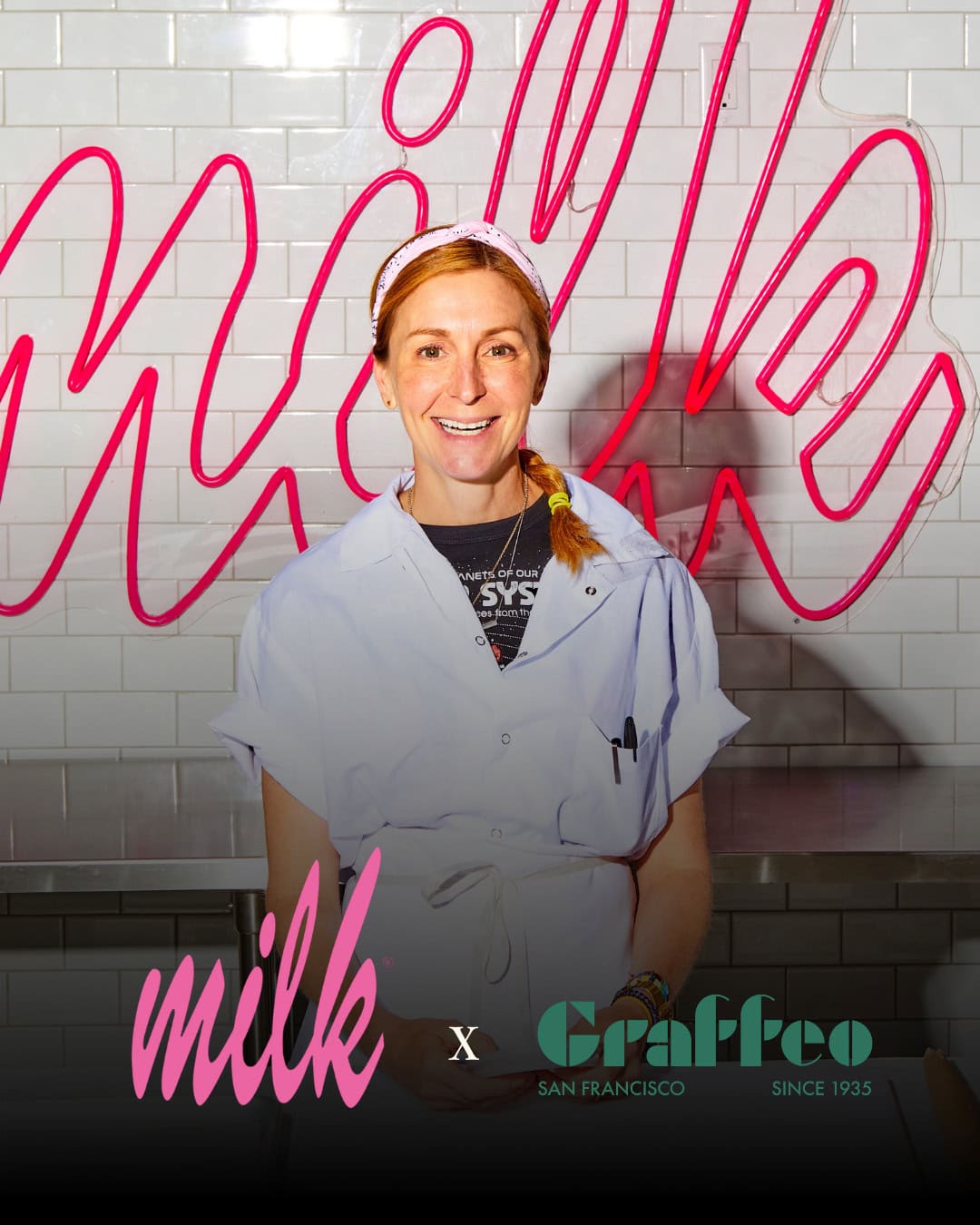 A woman in a white chef's coat stands in front of a wall with a pink "milk" sign. Logos for Milk Bar and Graffeo Coffee Co. are shown at the bottom.