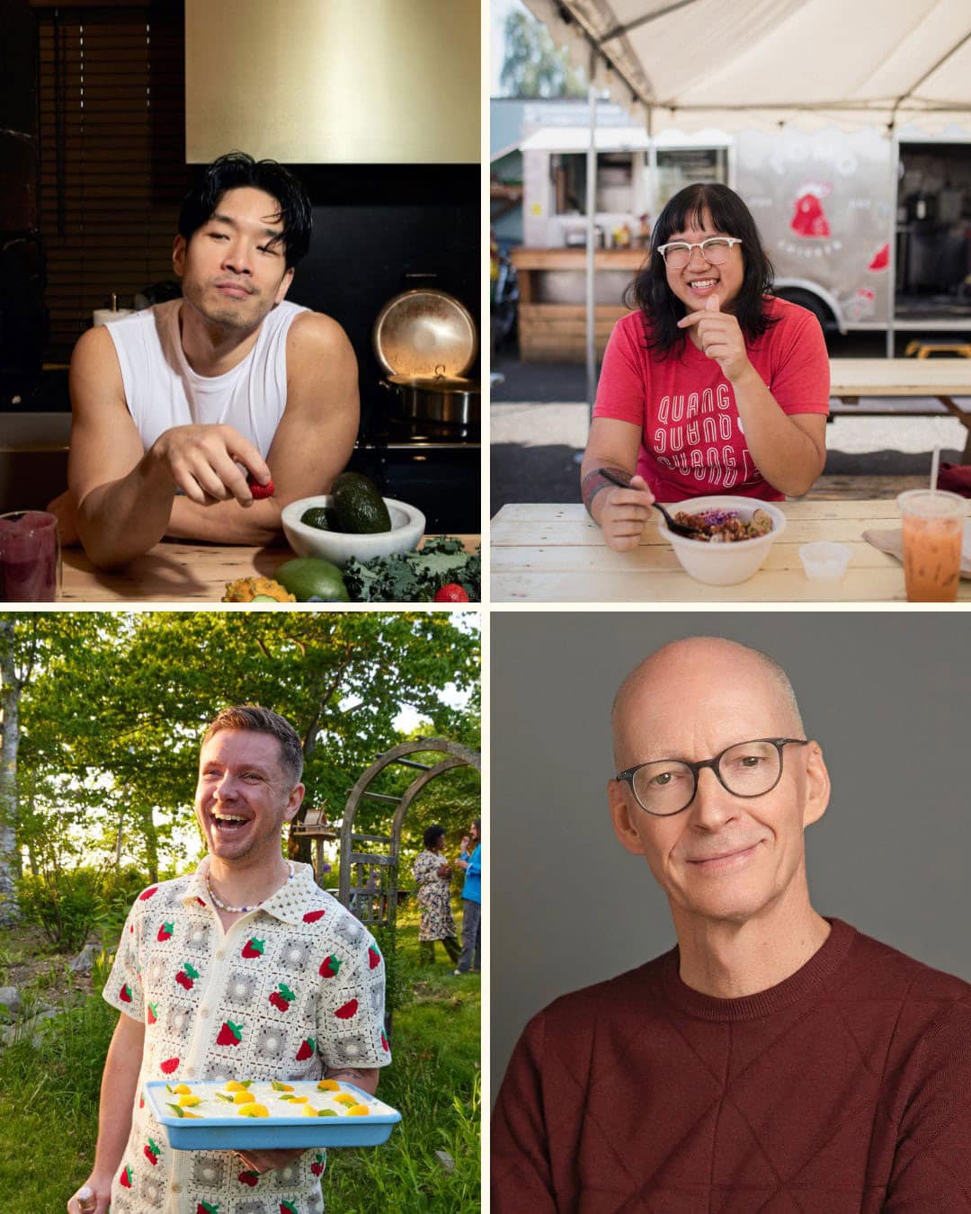 A collage of four people: a man preparing food in a kitchen, a woman eating outdoors, a man holding a dish outside, and a man with glasses posing against a plain background.