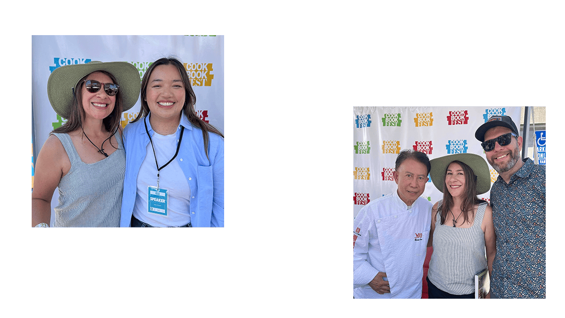 Two photos: On the left, two women smile at a book festival. On the right, two men and a woman pose together in front of the same event backdrop.
