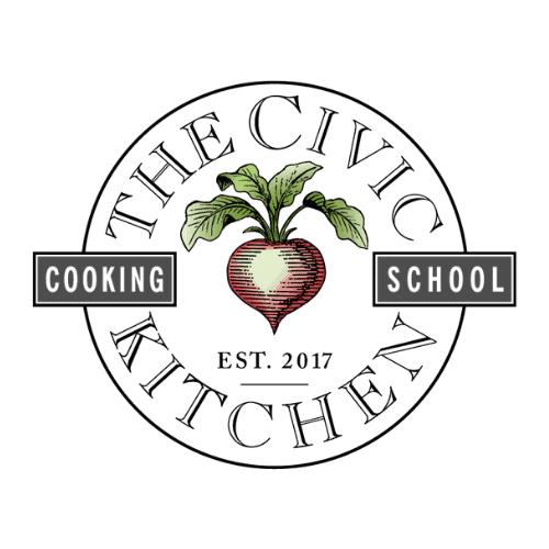 Logo for The Civic Kitchen Cooking School featuring a beet illustration, the text “Est. 2017”, and a circular design with bold typography.