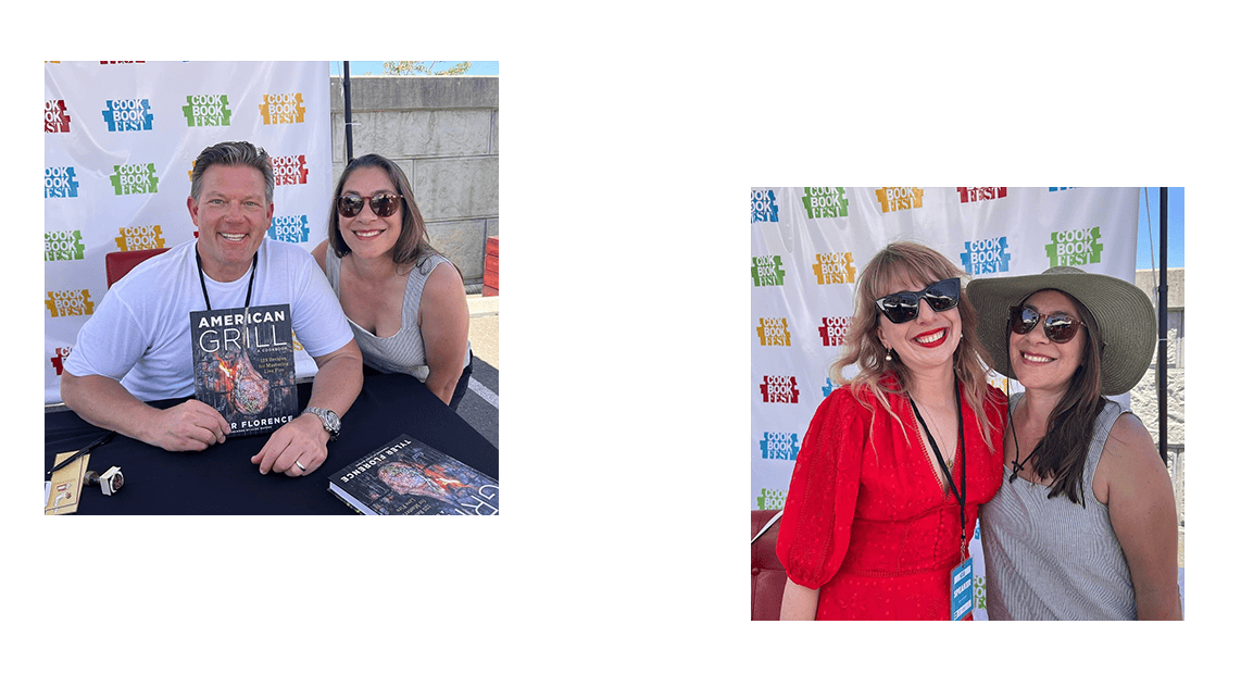 Two photos: Left, a man and woman at a table with a cookbook titled "American Grill." Right, two women in sunglasses smiling at a book festival event.